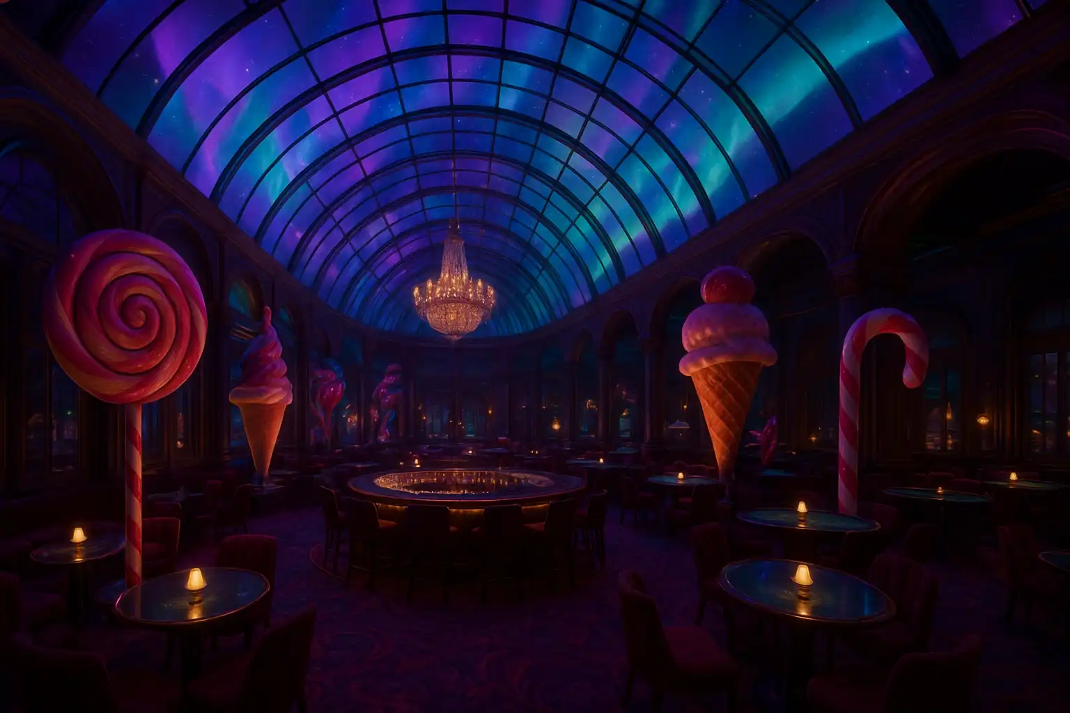 Interior view of the Sweetsino dessert lounge with candy sculptures and aurora ceiling