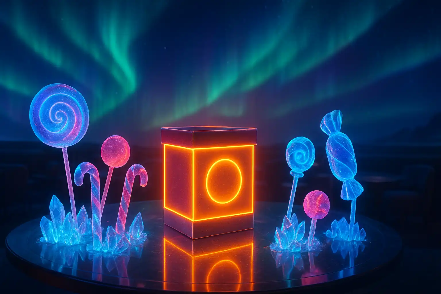 Glowing bonus badge surrounded by candy sculptures under aurora light