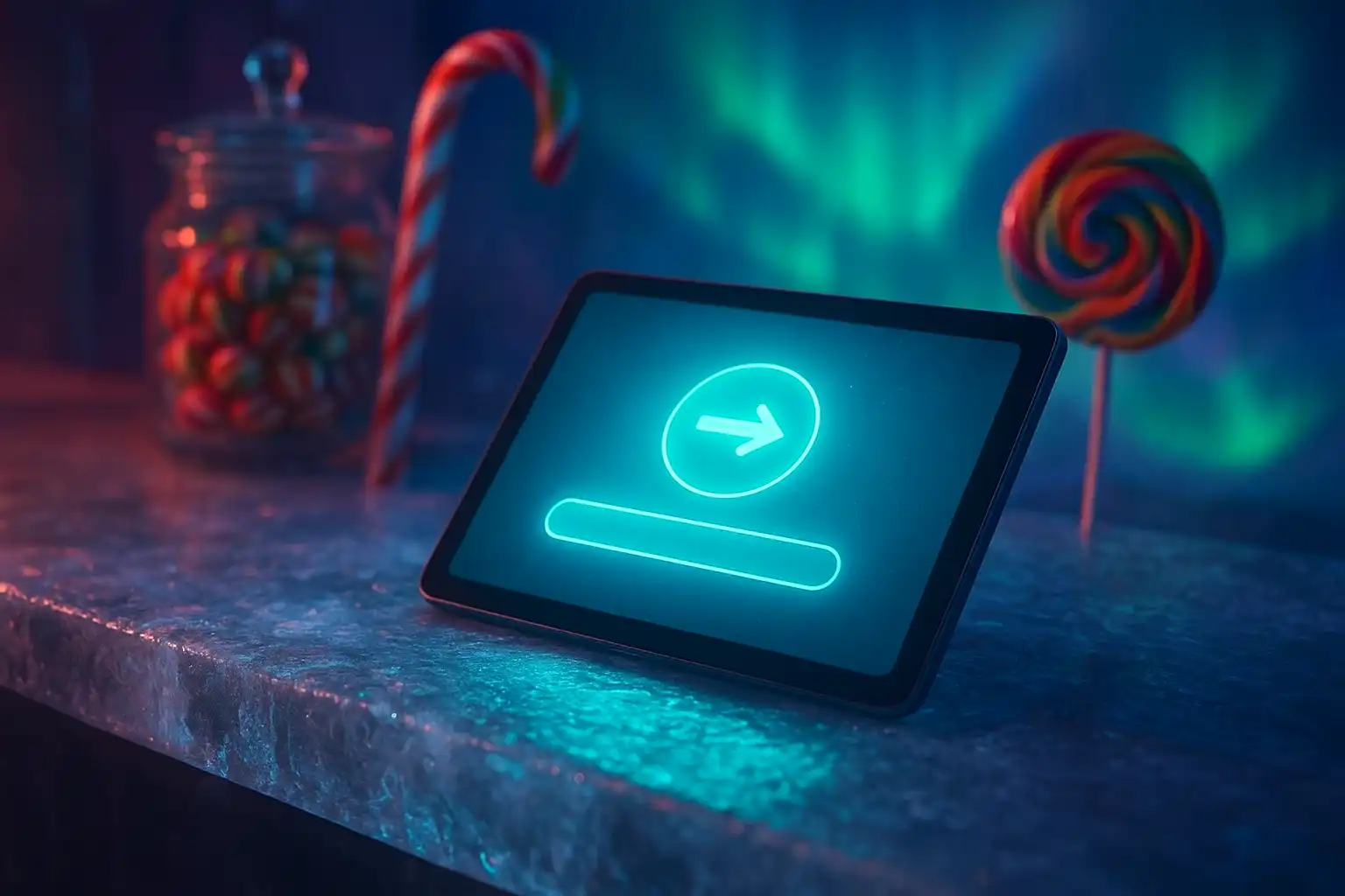 Interac payment screen glowing beside candy themed casino icons