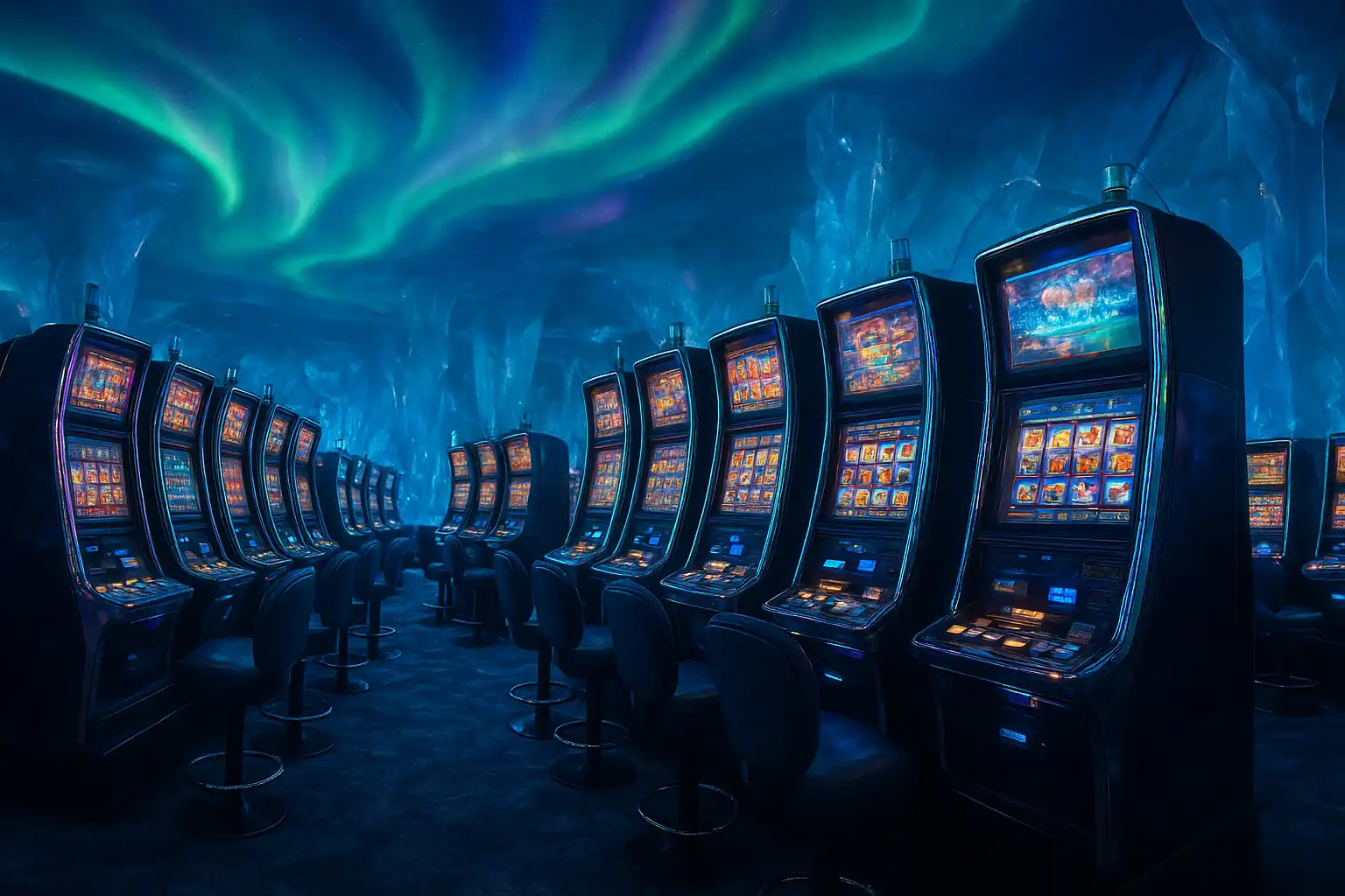 Rows of glowing slot machines beneath aurora lights inside the Sweetsino lounge
