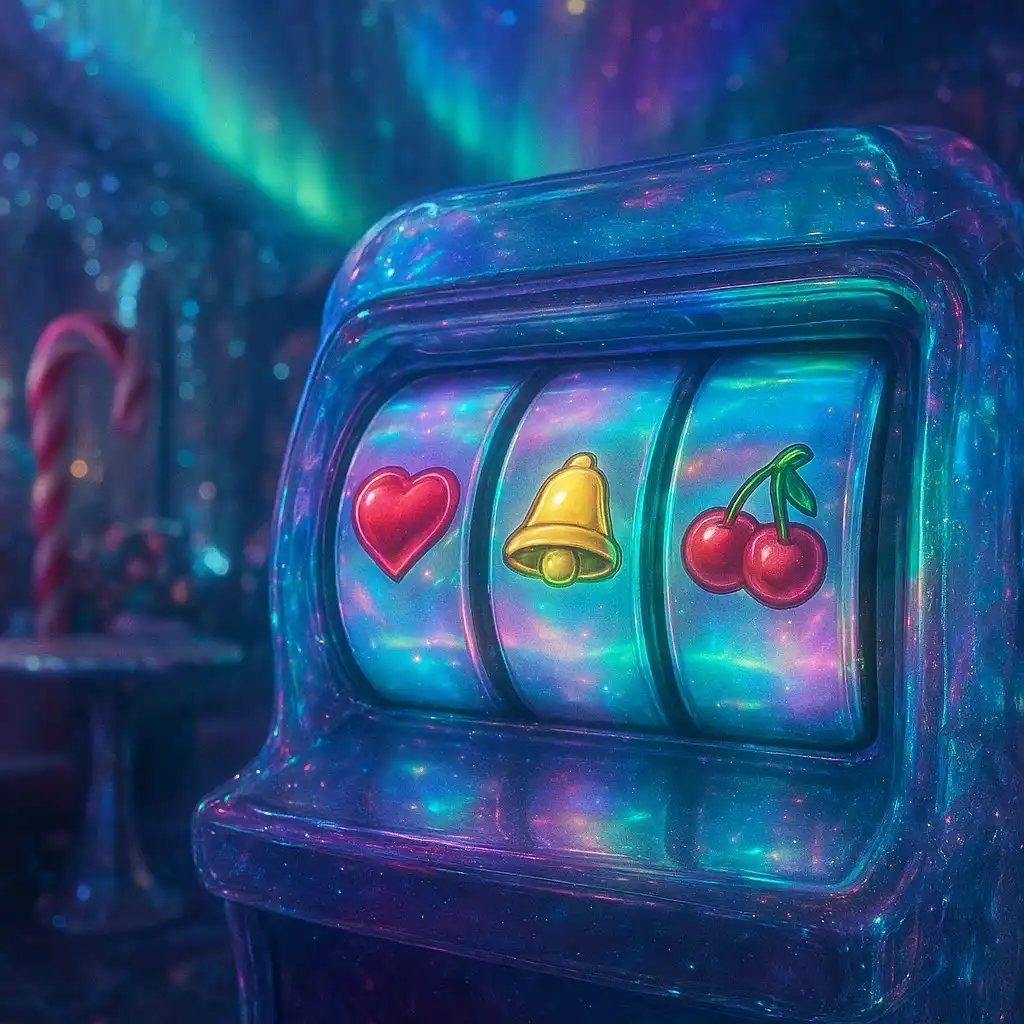 Slot reels glowing under aurora lights inside the lounge